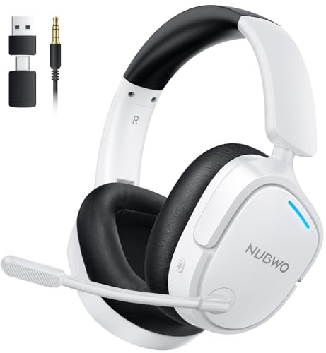 NUBWO 2.4GHz Wireless Gaming Headset for PS5, PS4, PC, Laptop, Mac, 7.1 Surround Sound, Noise Canceling Mic, 20ms Low-Latency, 80Hr Battery, Lightweight & Foldable Bluetooth Gaming Headphones-White