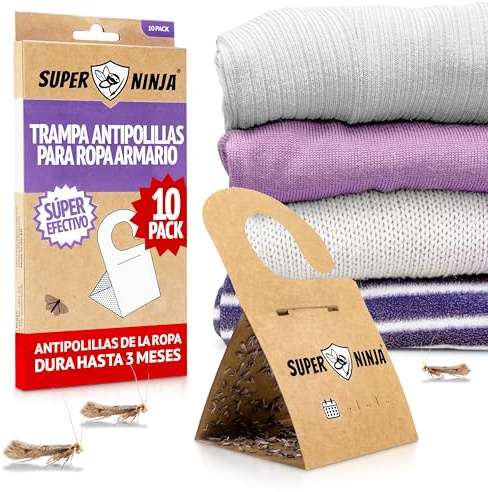 Super Ninja Antipolillas para Ropa de Armario, Trampa Polillas, Pack de 10 | Con Feromonas para Polillas de la Ropa, Superficie Ultra Adhesiva, Dorso Autoadhesivo, Sin Olor, para Cajón y Alfombra