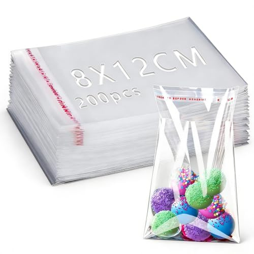MKEAWWU 200 Stück Tütchen Selbstklebend, Opp Flachbeutel Transparent 8X12Cm Für Süßigkeiten, Kekse, Geschenke