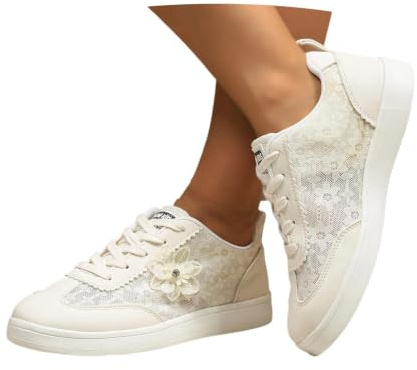 Chaussures dirndl blanches en tissu pour femme - Baskets plates pour femme - Pour l'été - Élégantes - Blanc