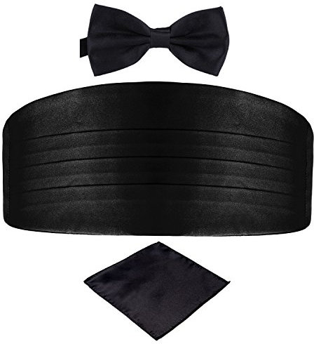 DonDon 3er Set Herren Kummerbund Fliege Einstecktuch farblich abgestimmt glänzend für feierliche Anlässe - Schwarz