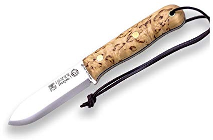 Joker Jaktkniv Trapero S CL124, lockigt björkträ, bälteskniv med 10 cm blad av Sandvik 14C28N, läderslida, verktyg för fiske, jakt, camping och vandring