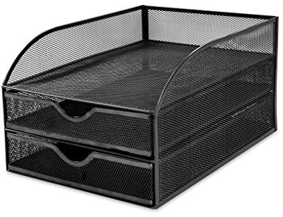 OSCO Schwarzer Wiremesh Sortierer mit 2 Schubladen und Briefablage, A4, Schubladen, Schreibtisch-Aufbewahrung, Dokumenten-Organizer, Aktenhalter, (H x B x T): 18,5 x 25 x 34,2 cm