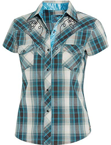 STARS & STRIPES Josie Chemisier western pour femme - Bleu et blanc à carreaux - Broderie et bordure en satin, bleu, 3XL