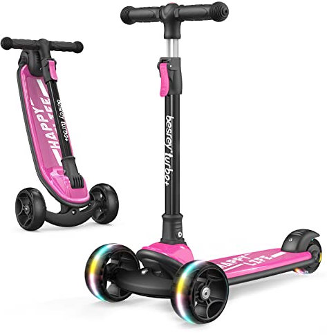 besrey Monopattino Bambina da 2-10 anni con Ruote lampeggianti a LED in PU, Monopattino 3 Ruote Pieghevole Regolabile in 4 Altezze, Rosa