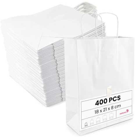 Netuno 400 borse carta bianco 18 x 21 x 8 cm borsa Shopper in Carta Kraft con Manici Ritorti Sacchetti Regalo Resistenti Ecologici per Negozi Feste Eventi Confezioni alimenti spesa paper bags