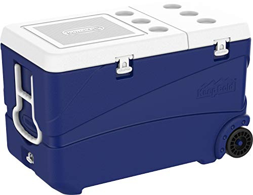 Duramax Deluxe Hochleistungs-Kühlbox 102L mit PU-Isolierung, Kühlbox mit ergonomischen Griffen und Rädern, Becherhalter am Deckel, Blau