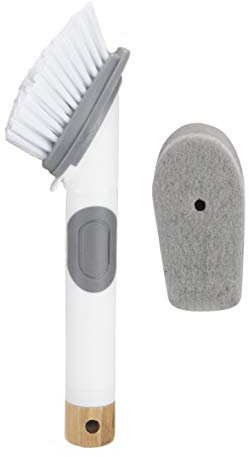 Soap Dispensing Dish Brush 2 In 1 Sponge And Bristle Brush Kitchen Brush For Dishes Pot Pan Sink Cleaning Dish Scrubber Brush With Built In Soap Liquid Dispenser, Long Handle, White