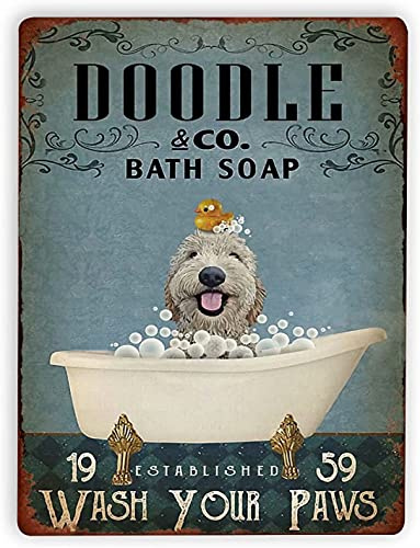 Doodle Dog Bath Soap Bathroom Metal Tin Sign,Wash Your Paws Woman Cave Decor Signs Home Garage Bar Sign Farm Country Kitchen Full Metal Home Decor 12X18 Inch