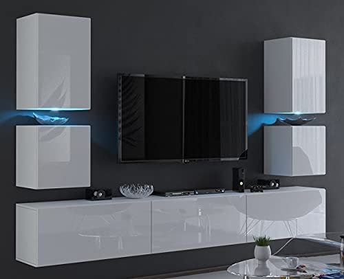 Furnitech Wohnwand Wohnzimmer | Modernes Wohnzimmer Möbel mit LED Blau | Hängend Wohnwand mit Regalen und TV Schrank (C75-HG-W2 1A Weiß)