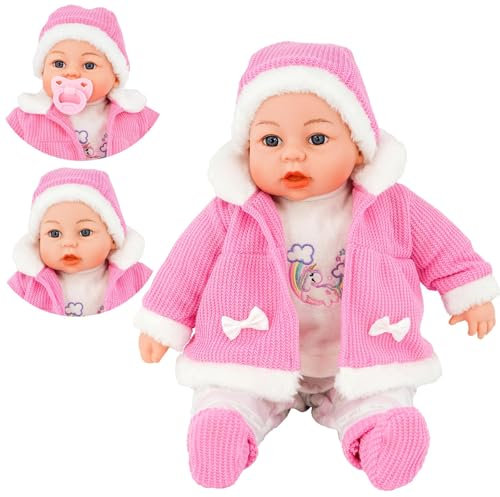 BiBi Doll 18 Baby Girl Doll with Dummy & Sounds - Lifelike, Soft Body, Pink Coat Outfit, Realistic Toy for Girls & Boys Aged 18 Months+