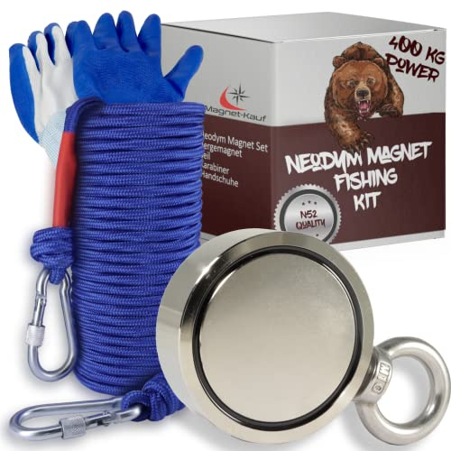 Magnetfischen Magnetangeln Set mit 20m Seil - Super Stark 75mm Neodym Magnet 400KG Bergemagnet - wasserfeste Handschuhe für Magnet fischen Ösenmagnet