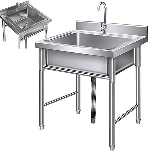 Waschbecken Gemüsespüle Kommerzielle Gastronomie Spüle Küchenspüle Aus Edelstahl Freistehend Spültisch mit Halterung + Wasserhahn + Siphon Spüle für Indoor Outdoor, 2 Größen