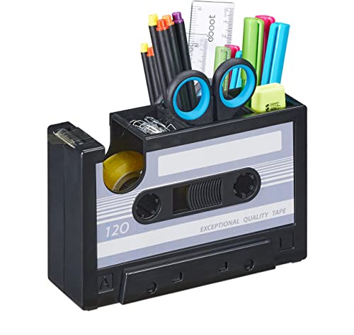 Relaxdays Stiftehalter Kassette, Schreibtisch Organizer, Klebeband, 3 Fächer, Retro Design, Stiftebox Büro, grau/schwarz