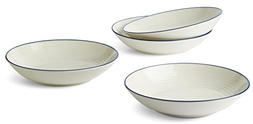 Royal Doulton Bowls - Gordon Ramsay Maze Denim Line - Stoneware Pasta Bowl Set of 4 - Large Bowls Ideal for Pasta, Lunch and Dinner - 24cm Each, Blue,White