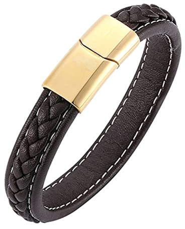 Ayoiow Männer Armband Indianer, Edelstahl Armreifen Lederarmband Herren Braun Armband mit Gold Schnalle