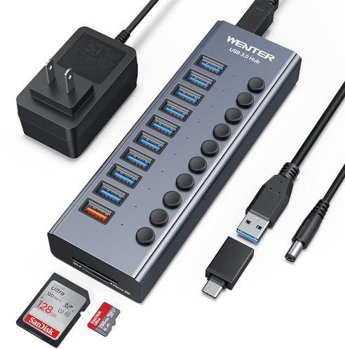 Powered USB C/A Hub with SD/TF Card Readers, Wenter 10 Port Aluminum USB C/A Hub Expander (9 USB 3.0 Data Transfer Port & 1 Smart Charging Port) Compatible with MacBook Pro/Air, iMac, iPad, PC