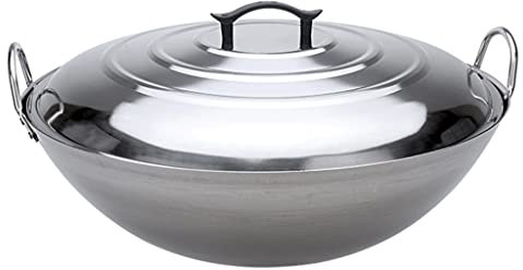 Wok de Doble Oreja Extra Grueso Hecho de Olla de Acero Inoxidable con Tapa Plana 50 70 cm Fondo Redondo Olla de Chef no magnética Olla de Cocina Olla sin Humo para Estufas de Gas (