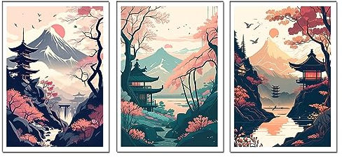 Set 3 cuadros base madera, Decoración Salón Modernos, Dormitorios, Habitación, Oriental, Japones, Chino con colgadores metálicos, (29 x 20 cm cada cuadro)