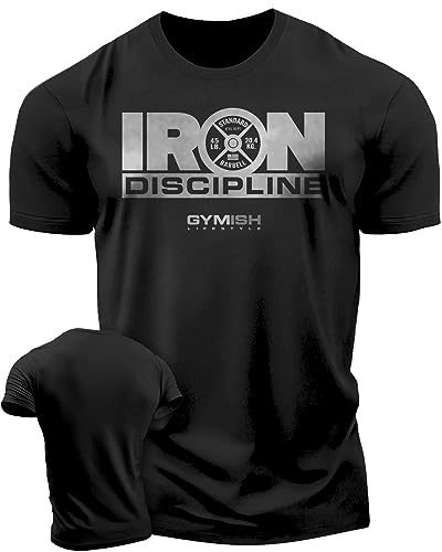 Strength Training Workout T-Shirt Iron Discipline Men’s Gym Training Muscle Tee (XL, Iron Discipline Silver on Black)