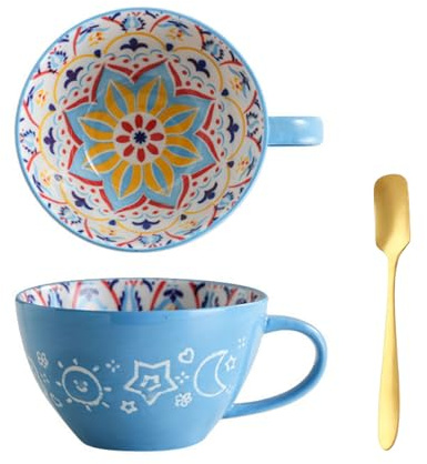 Xfeyaqlo Bol Déjeuner avec Anse 500ml, Tasse Déjeuner Grand Format, Tasse Cafe Céramique (Fleurs Bleues)