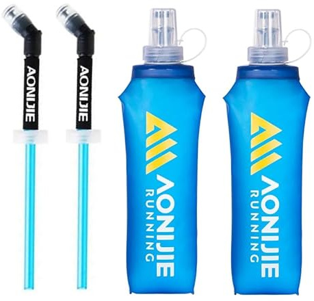 AONIJIE Lot de 2 bouteilles d'eau souples pliables en TPU sans BPA pour sac de course à pied (250 ml avec paille)