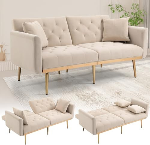 SUPPNEED Sofa Bett,Samt-Sofa 162 x 80 x 78 cm,Schlafsofa Ausziehbar, Goldene Metallbeine,Sofa Bed 2 Seater für Haus Wohnzimmer und Schlafzimmer,Beige
