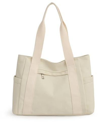 LQSCJS Canvas Handtasche Damen, Beige Schultertasche Mit Reißverschluss für Shopper, Schule, Lässige Reisen