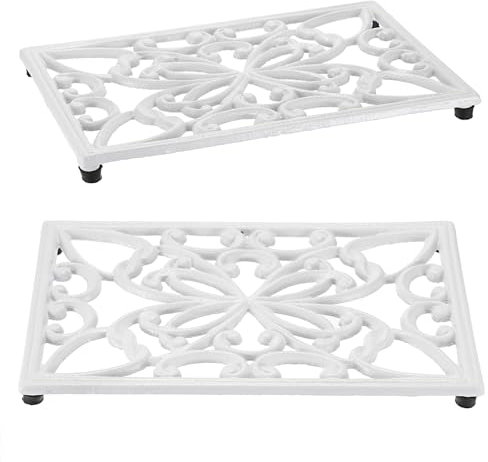 SUMTree Rectangle Cast Iron Trivet, Decorative Heavy Duty Hot Pot Holder Mat, Vintage Butterfly Pattern Cast Iron Trivet with Rubber Pegs for Kitchen Dining Table (White)