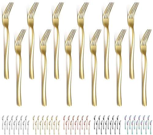 Evanda Gold Dinner Forks Set of 12 Pieces, 17.8cm Titanium Golden Plating Stainless Steel Table Forks Cutlery Set for Home, Restaurant, Hotel, Dishwasher Safe