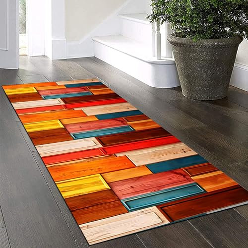 Yinghesheng Teppich Läufer Flur rutschfest Küchen Teppich 60x240cm Bunter Holzmaserung Patchwork Küchenteppich Küchenläufer Korridor Schlafzimmer Wohnzimmer Meterware Eingang