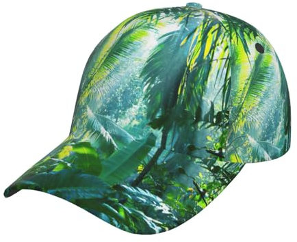 MDATT Tropical Palm Leaves Men Women Washed Adjustable Dad Hat for Outdoors,Flat Bill Snapback with High Ponytail Design