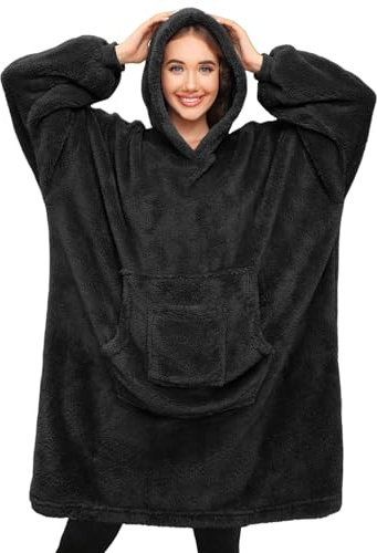 Tuopuda Felpa Donna Oversize Sweatshirt Maglione Pigiama Coperta con Cappuccio Manica Lunga Felpa in Pile Regalo Donna Natale Felpone Felpata Calda Taglia Unica, Nero-Grandi