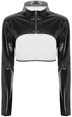 inhzoy dam wetlook topp lack läder crop jacka magfri långärmad latex läderskjorta med ståkrage dragkedja fest klubbkläder rave gogo, svart, 3XL