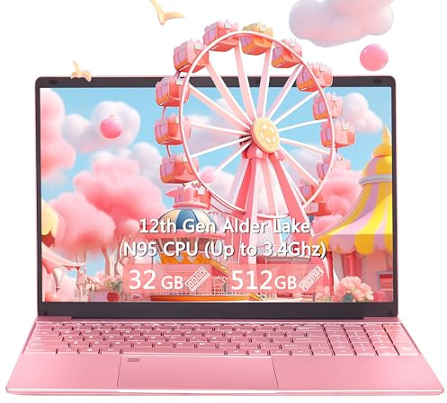 OMSERVB Laptop rosa de 15.6 pulgadas, 12ª generación N95 (hasta 3.4 GHz), DDR4 32G RAM, SSD NVME de 512 GB, Windows 11 Pro y Office 2019, bloqueo de huellas dactilares, PC portátil con KB