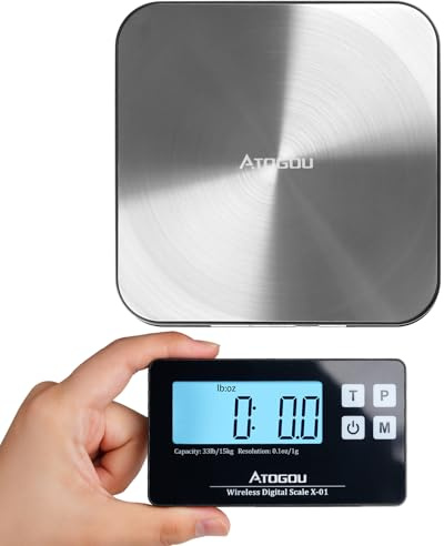 Atogou Food Scale, 33lb Wireless Kitchen Scale with Remote Display, 1g/0.1oz Precise Graduation, Food-Grade 304 Stainless Steel, Digital Food Scale for Cooking, Baking, Postage, Shipping, Black&Silver