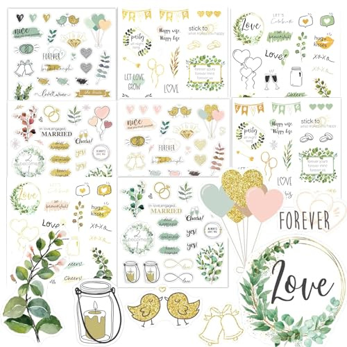 RAMTRIO Vintage Love Hochzeit Sticker Set: 160 Aufkleber, Gold, Grün, Hochzeitsalbum, Gästebuch, Hochzeitsplaner, Kunststoff