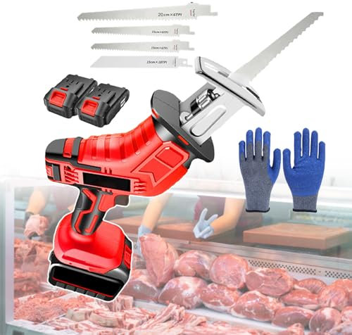 Scie à os électrique de boucher, scie à os portative for la boucherie, scie alternative rechargeable, avec 4 lames de scie, 12 paires de gants, moteur entièrement en cuivre, poignée recouverte de caou