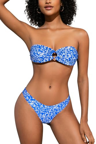 SHEKINI Women's Two Piece Swimsuit O Ring Strapless Bandeau Bikini Sets for Women with Sexy High Cut Cheeky Bottoms Beach Brazilian Swimwear, Blue Floral, M