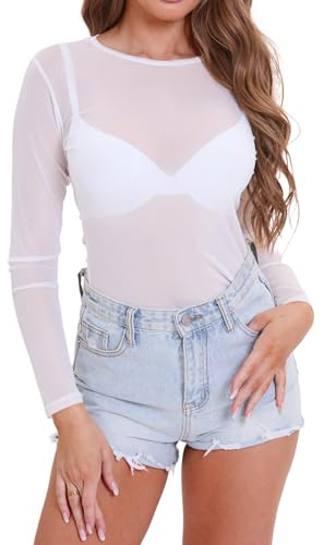 Eisnnu Maglietta Donna Trasparente,Sexy Nero Camicia Mesh Top Trasparente Girocollo Tops Camicette Manica Lunga Maglie Clubwear(IT,L,Bianco)
