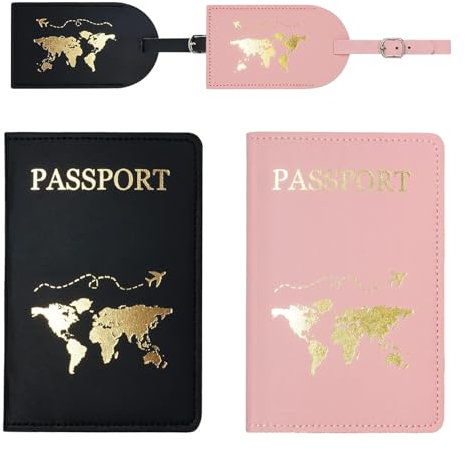 XDGBGFN 4 Stück Reisepasshüllen und Gepäckanhänger Gepäckanhänger mit Adressschild PU Leder Reisezubehör Passport Hülle Passport Holder für Kreditkarten Ausweis Reisedokumente (Rosa und Schwarz)
