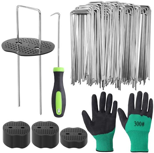 HuiCloud 50 Weed Control Membrane Pegs + 50 Buffer Washer, Heavy Duty Metal Ground Pegs Set with Hook and Gloves for Garden Landscape Weed Barrier Cover Artificial Grass Pins Ground Moss Fabric