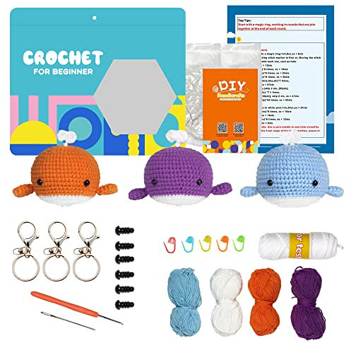 Häkelset für Anfänger, 3-teilig, niedliches Wal, handgefertigt, Meerestier-Stricksets, inklusive Schritt-für-Schritt-Lernanleitung und englischem Video-Tutorial