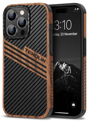 TENDLIN Kompatibel mit iPhone 15 Pro Max Hülle Holz und Carbon Textur Design Leder Hybrid Handyhülle (DREI Streifen)