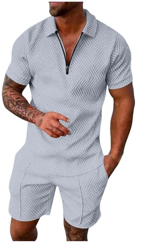 2 Teiler Herren Sommer Outfit Zweiteiler Trainingsanzug Kurzarm Reißverschluss Poloshirt und Kurze Hose Set Kleidung Sportanzug Casual Jogginganzug Freizeitanzug Sport Anzug