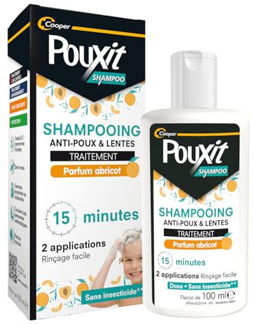 POUXIT - Shampooing parfum abricot - Traitement anti-poux et lentes - 100% Efficace - Agit en 2 applications de 15 minutes - Traitement du cuir chevelu - Flacon de 100 ml