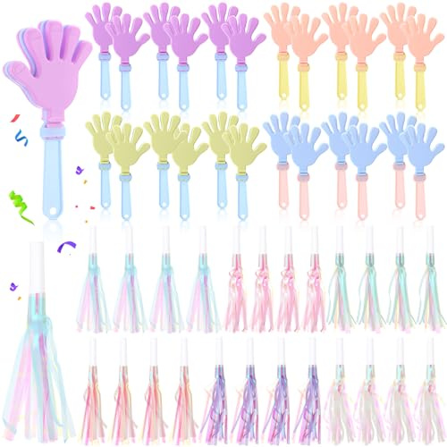 Lenwen 48 Pieces Pink Mermaid Party Noise Makers 24 Hand Clapper Noisemakers 24 Glitter Metallic Fringed Tassel Party Horns for Birthday Sporting Events Adults Carnival Games Rewards Cheer Supplies