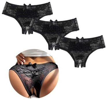comeondear Tanga Abierto Mujer de Encaje Bragas Brasileñas Mujer Talla Grande Transparente Tanga Ouvert Bragas Abiertas Cintura Baja Ropa Interior Elásticos Slip Thong 3-Negro+Negro+Negro,4XL