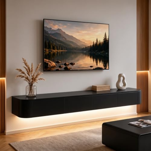 Ribanedy Modern Floating TV Unit with LED Lighting | Wall-Mounted Entertainment Media Console | Large Storage TV Bench for Living Room & Office (Black, 160 cm)