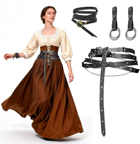 RoserRose Mittelalter Gürtel Damen mit Kette, Mittelalterlicher Kunstleder-Metallkettengürtel, Verstellbarer Mittelalter Accessoires Damen, inkl. Armband & Verschluss, Für Kostüm & Alltag
